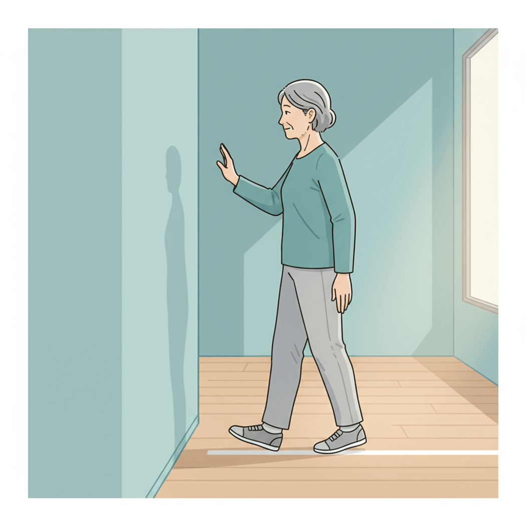 Older adult practicing heel-to-toe walking in a clear hallway with one hand near the wall.