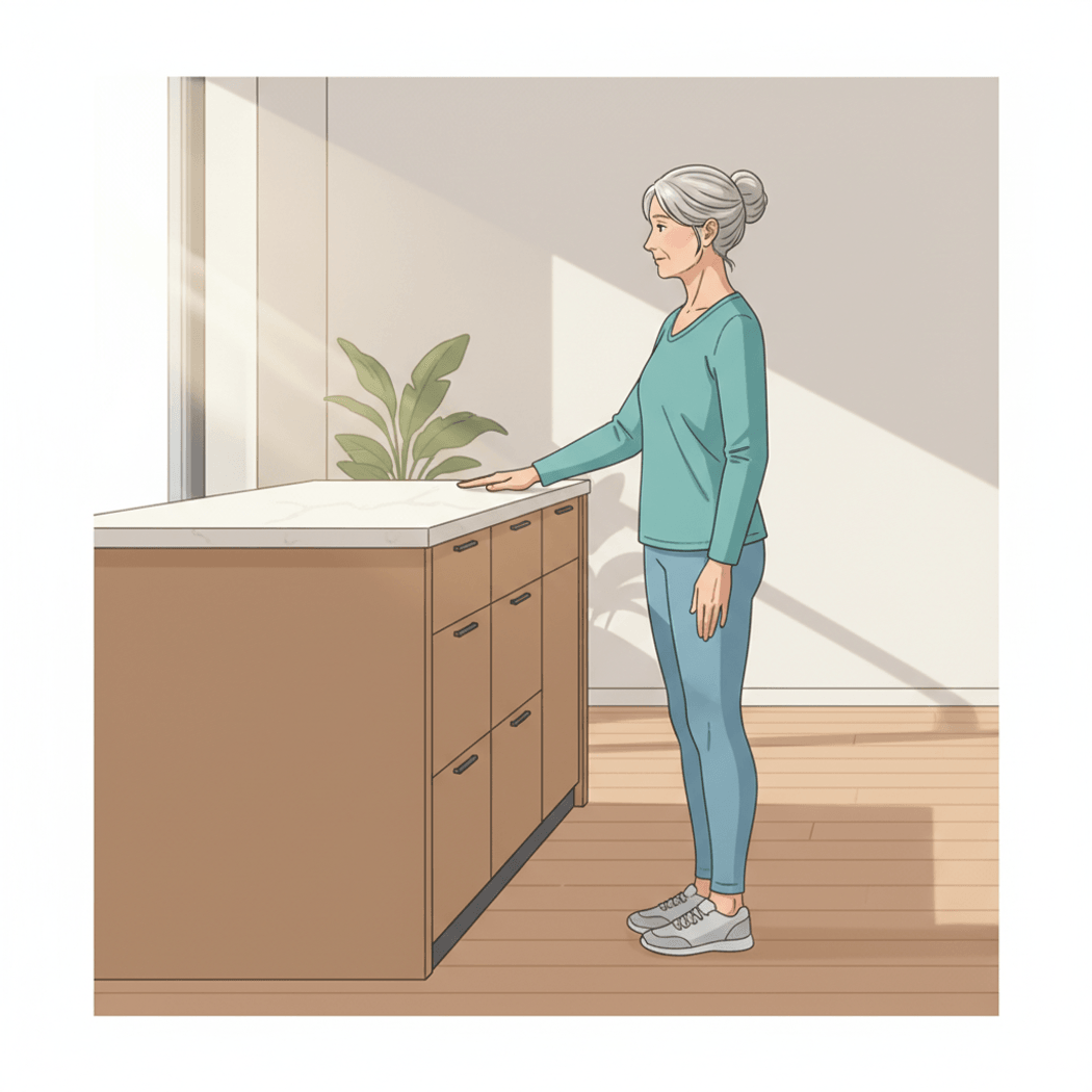 Older adult practicing the Romberg stance beside a kitchen counter for support.