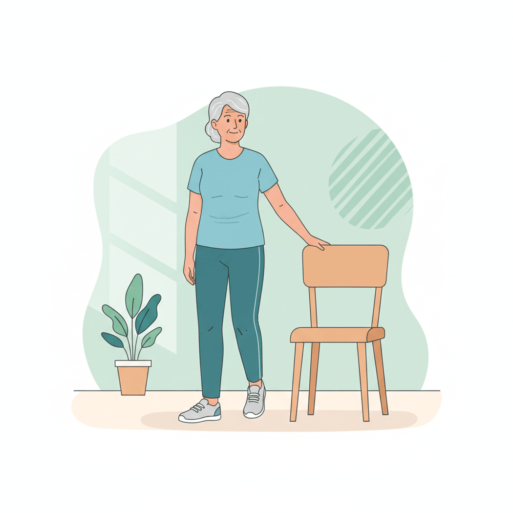 Older adult practicing a semi-tandem stance beside a sturdy chair.