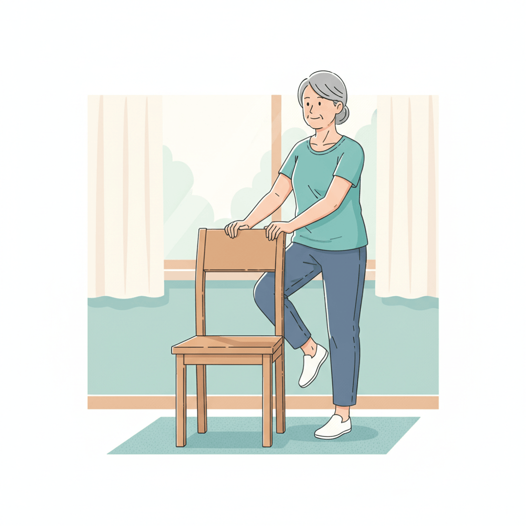 Older adult practicing a single leg stance while lightly holding a chair.