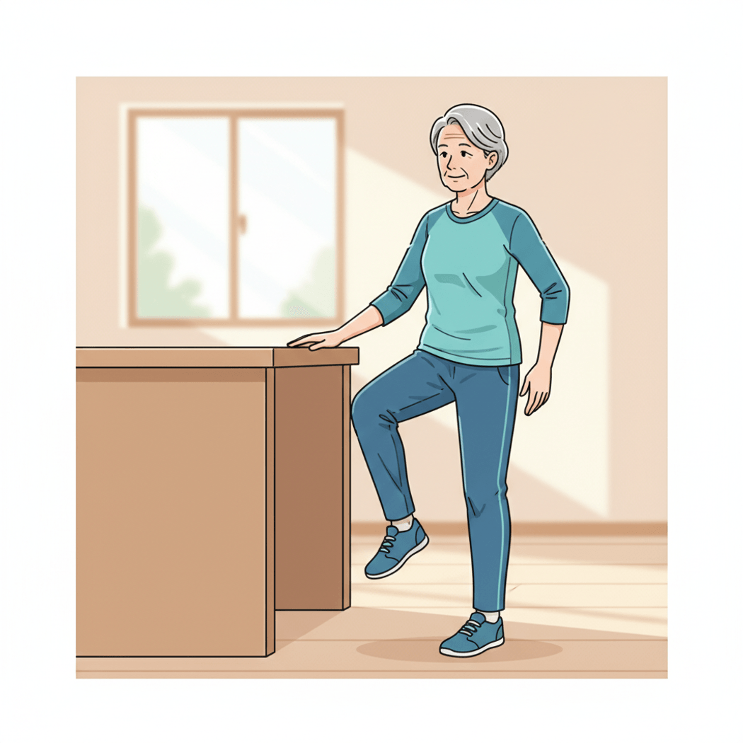 Older adult marching in place beside a counter for balance support.