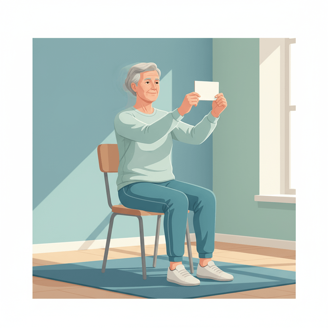 Older adult seated in a chair holding a target card for VOR x1 gaze stabilization training.