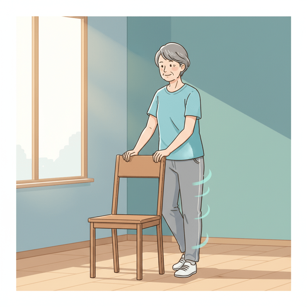 Older adult practicing side-to-side weight shifts while holding the back of a chair.
