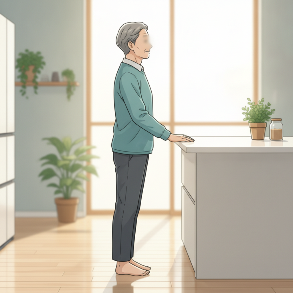 Older adult practicing a Romberg stance beside a kitchen counter with light fingertip support.
