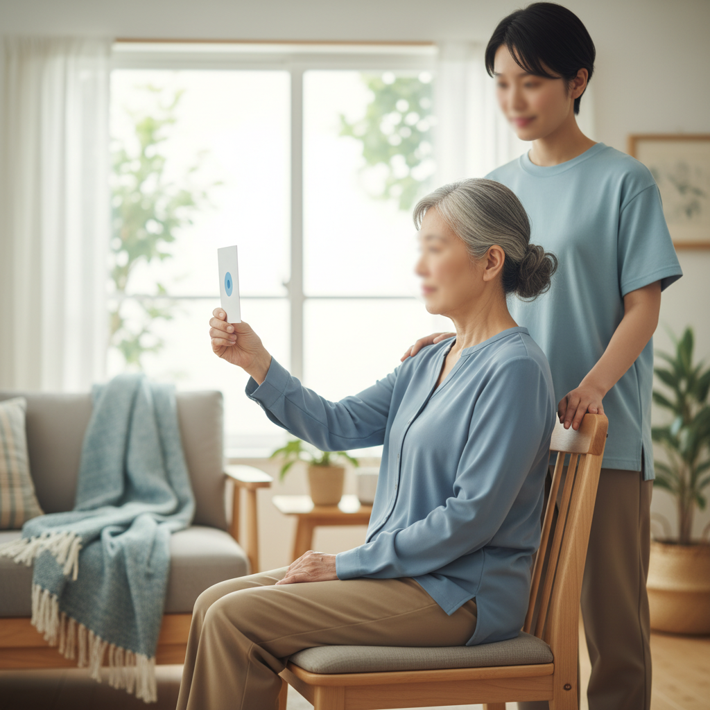 Older adult seated in a chair holding a target card for VOR x1 gaze stabilization training with a caregiver nearby.