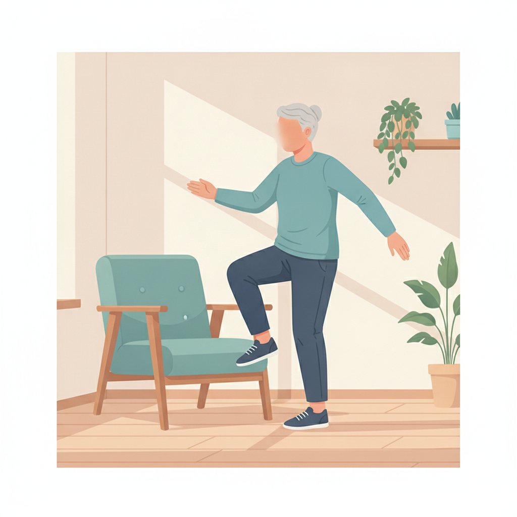 Older adult practicing slow supported stepping near a sturdy chair in a clear home exercise space.