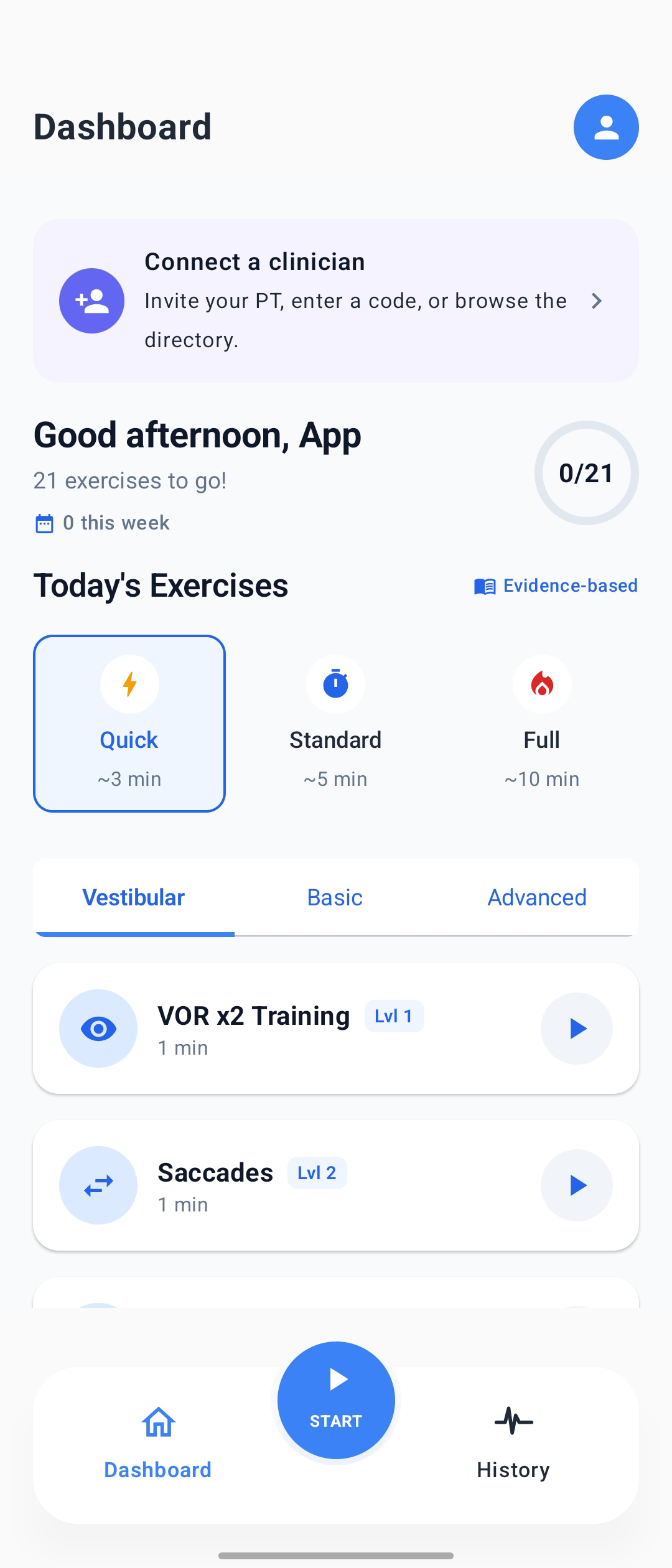 VOR Eye Rehab app dashboard showing today's exercises