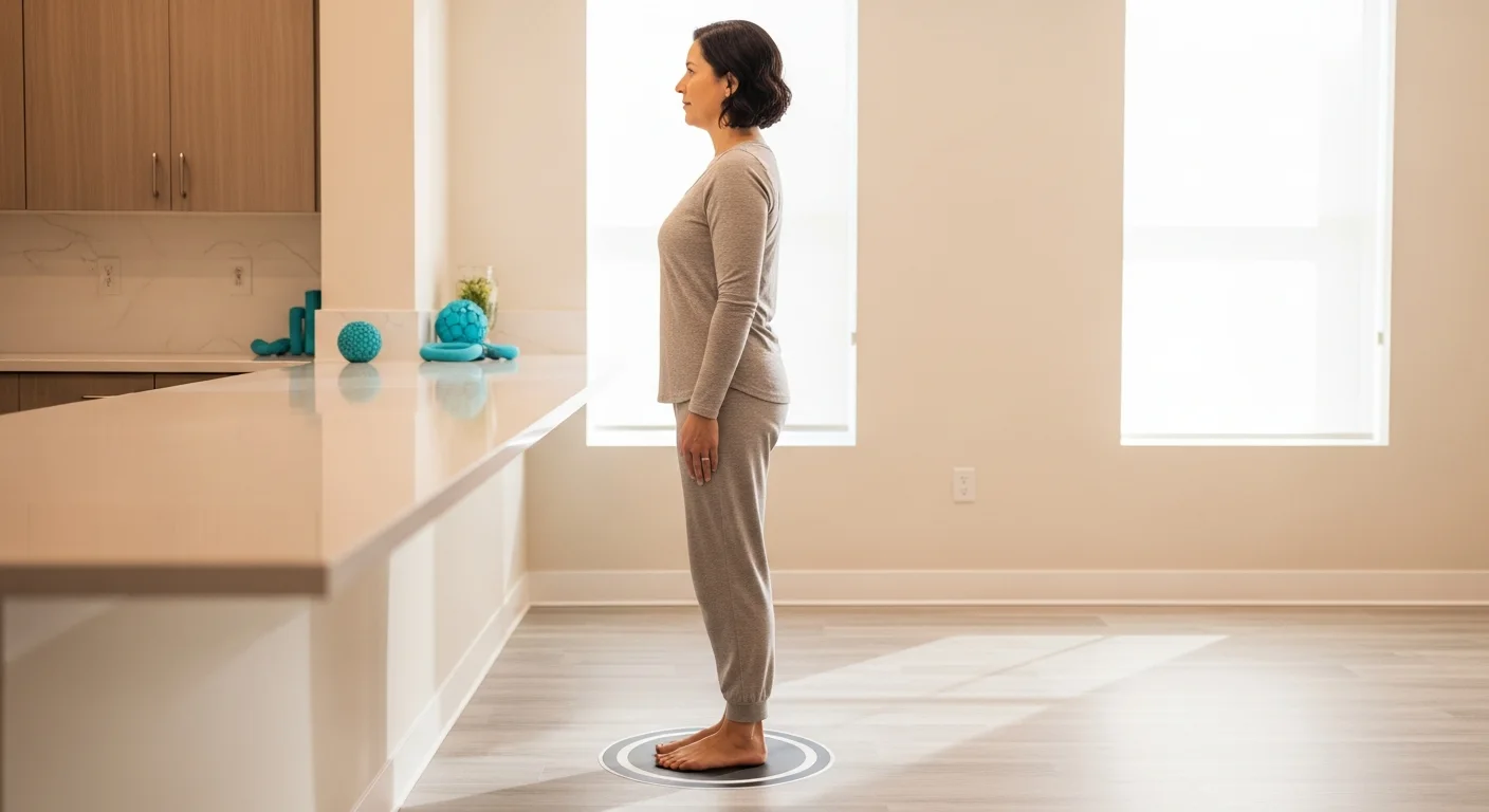 Adult practicing feet-together static balance near a support surface