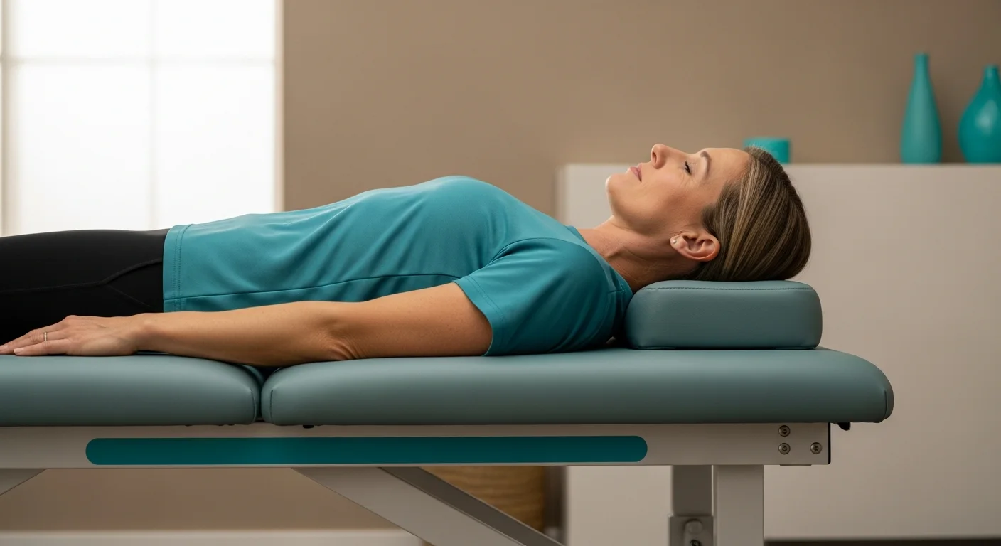 Adult performing an Epley repositioning maneuver position on a therapy table
