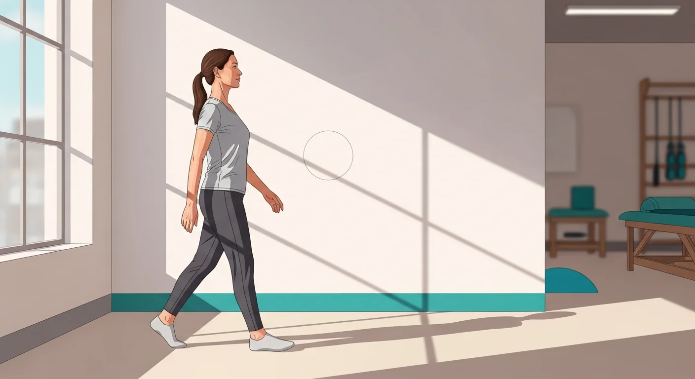 Adult maintaining gaze on a target while walking in a therapy space