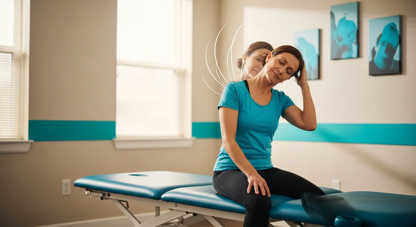 Adult practicing repeated seated head turns for habituation