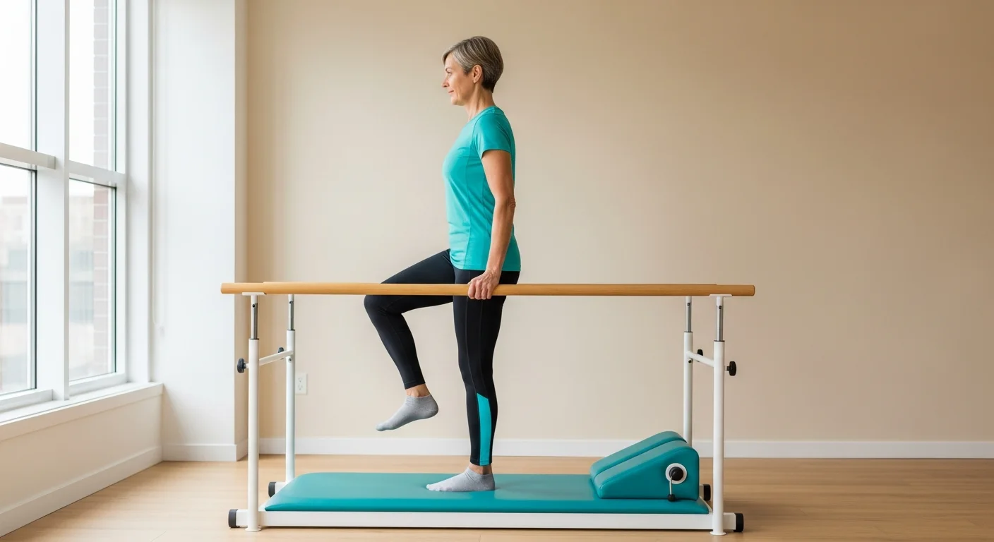 Adult practicing single-leg balance near a stable support