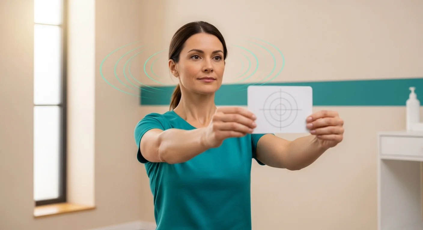 Adult practicing horizontal VOR gaze stabilization with a target card at arm's length