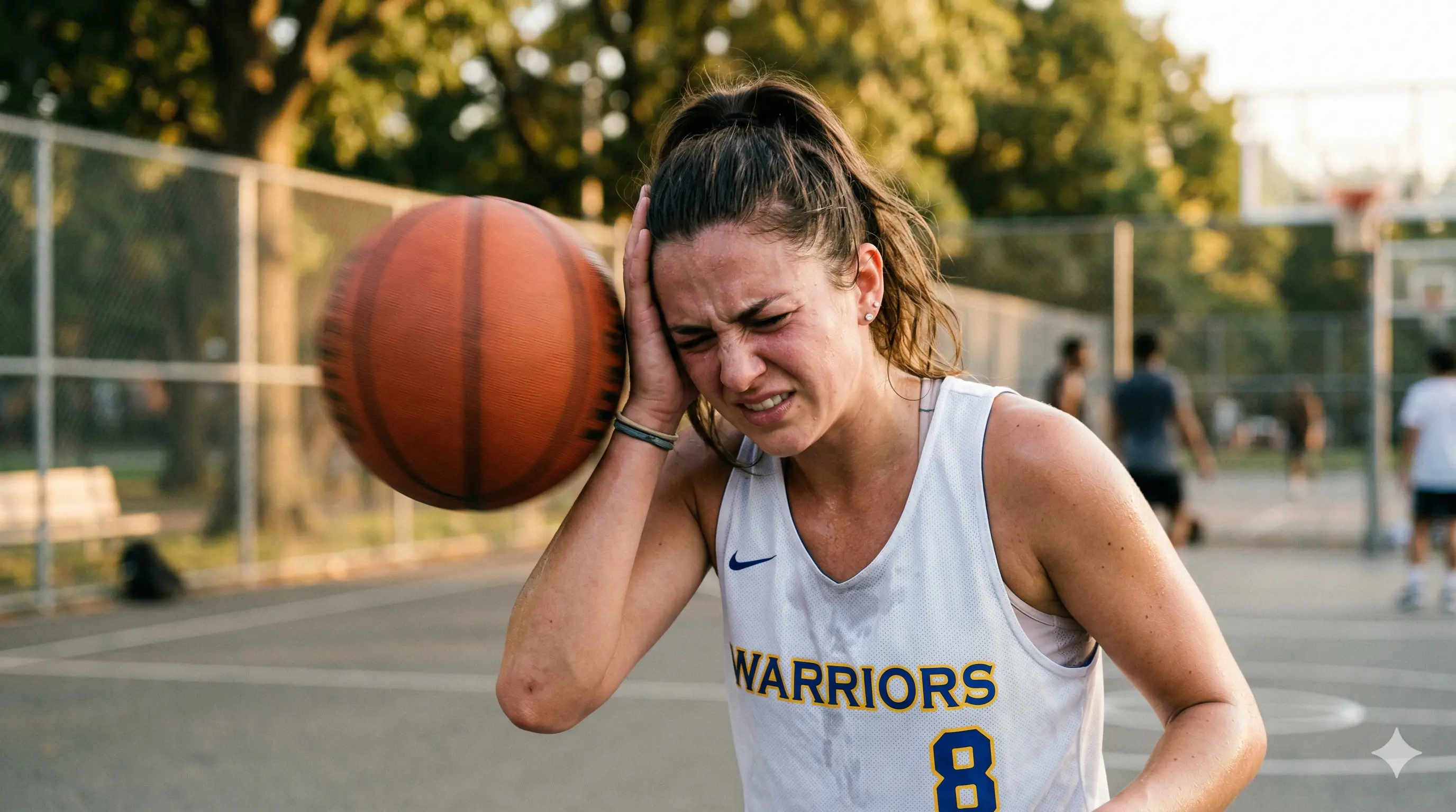 Young woman basketball player holding her head after impact on an outdoor court