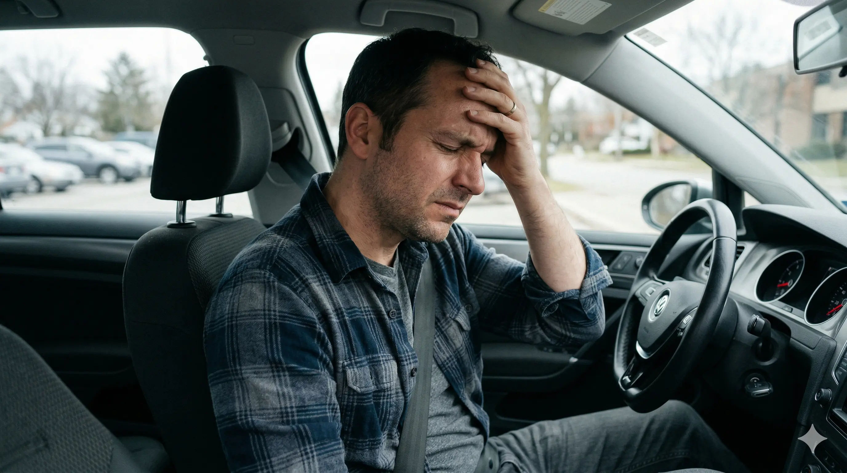 Man sitting in car with hand on forehead after a car accident