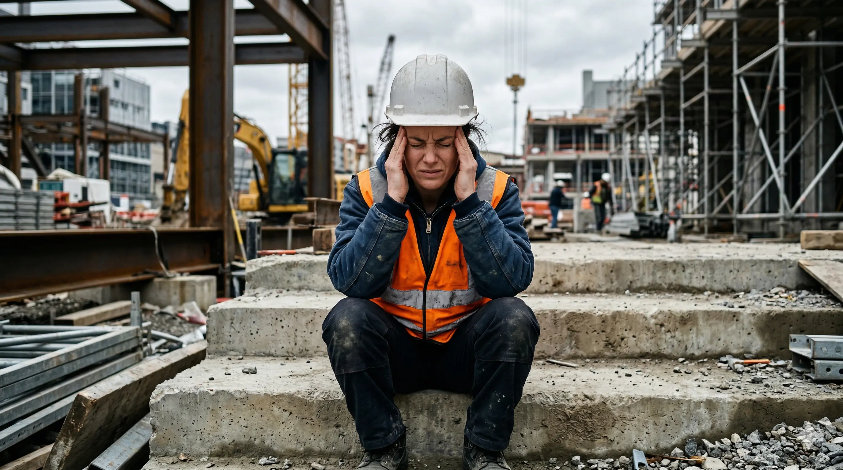 Construction worker sitting on steps pressing hands against temples