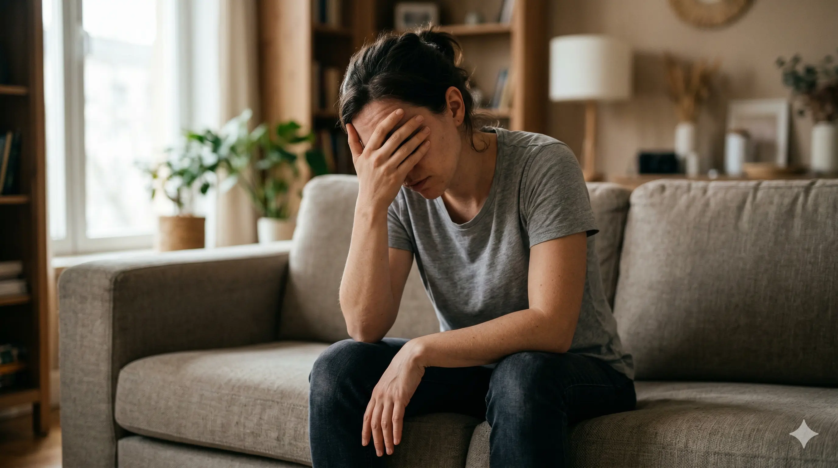 Person sitting on couch at home covering eyes from exhaustion